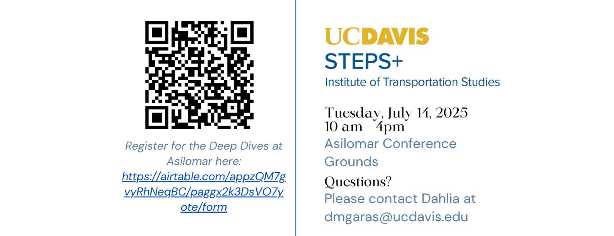 Image showing contact info and QR code with the link to register for the Deep Dive at Asilomar in July 2025